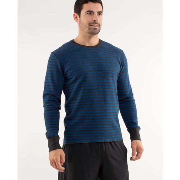 Lululemon Men's Binary Crew Rugged Blue Gray Stripe Reversible Long Sleeve Top - Picture 1 of 12